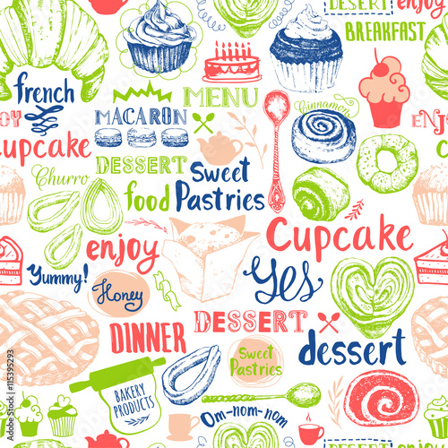 Seamless background with dessert vector sweets symbols. 