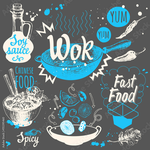 Vector food illustration with wok products.
