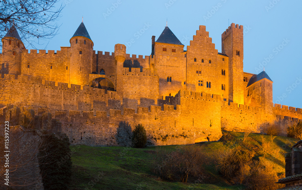 Medieval Castle at Carcassonne in sunset