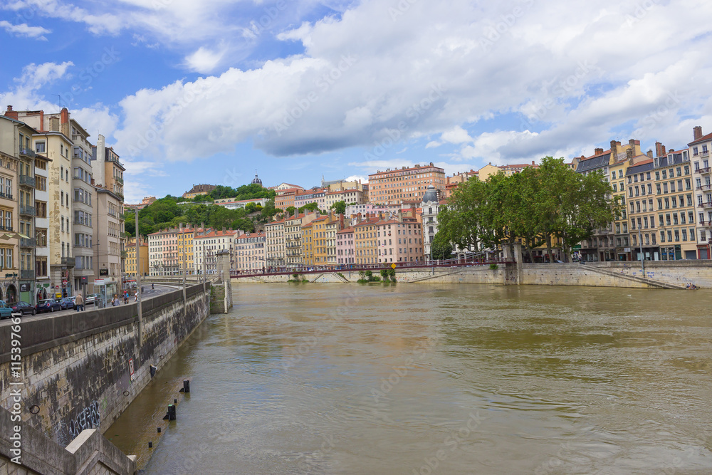 View from river Sona to the bridge and Lyon city, France