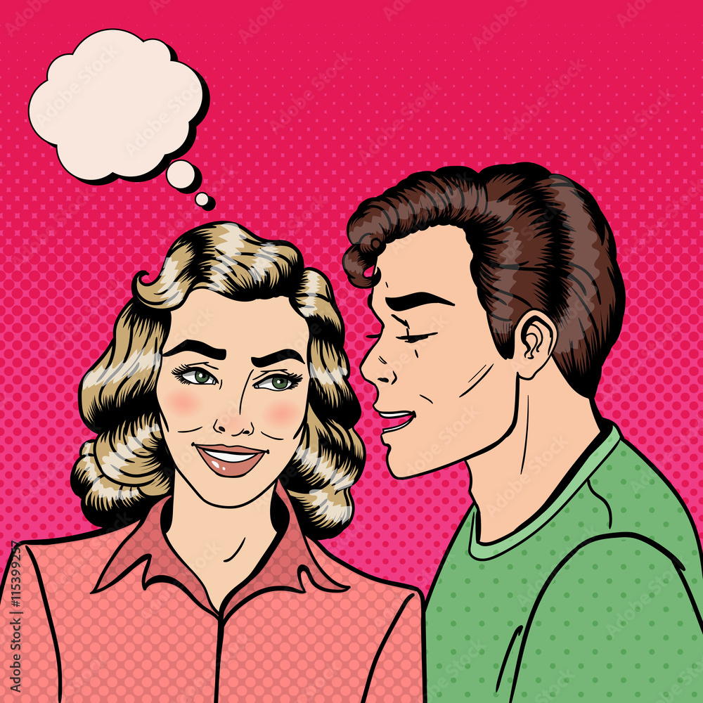 Man Whispering Secret to his Girlfriend. Happy Couple. Pop Art. Vector illustration Man Whispering Secret to his Girlfriend. Happy Couple. Pop Art. Vector illustration