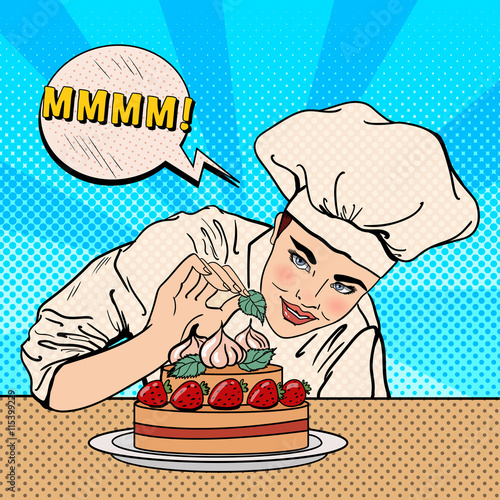 Attractive Female Chef Decorating Delicious Cake with Strawberries. Pop Art. Vector illustration