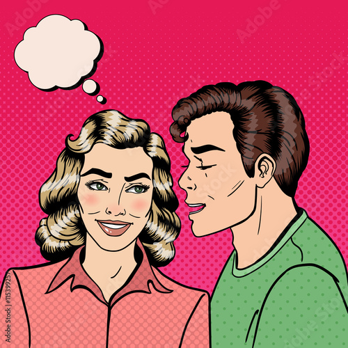 Man Whispering Secret to his Girlfriend. Happy Couple. Pop Art. Vector illustration