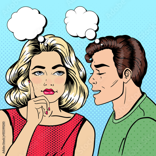 Man Whispering Something to his Girlfriend. Happy Couple. Pop Art. Vector illustration