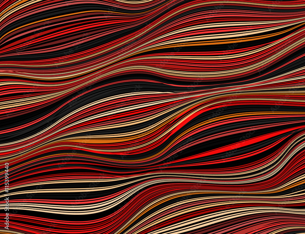 Fototapeta premium Beautiful vintage pattern in red, yellow, black. The ornament of twisted lines. Abstract vector background with 3D effect