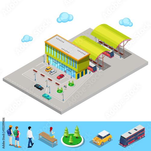 Isometric City Bus Station with Buses, Parking Area and People. Vector illustration