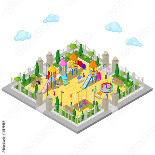 Isometric Children Playground in the Park with People, Sweengs, Carousel, Slide and Sandbox. Vector illustration