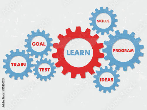 learn and concept words in grunge flat design gears, vector