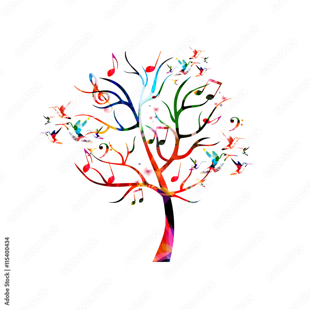 Fototapeta premium Colorful music tree with music notes and hummingbirds