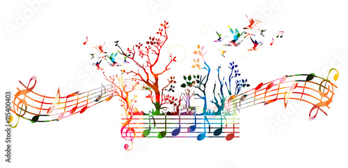 Colorful music background with music notes and hummingbirds