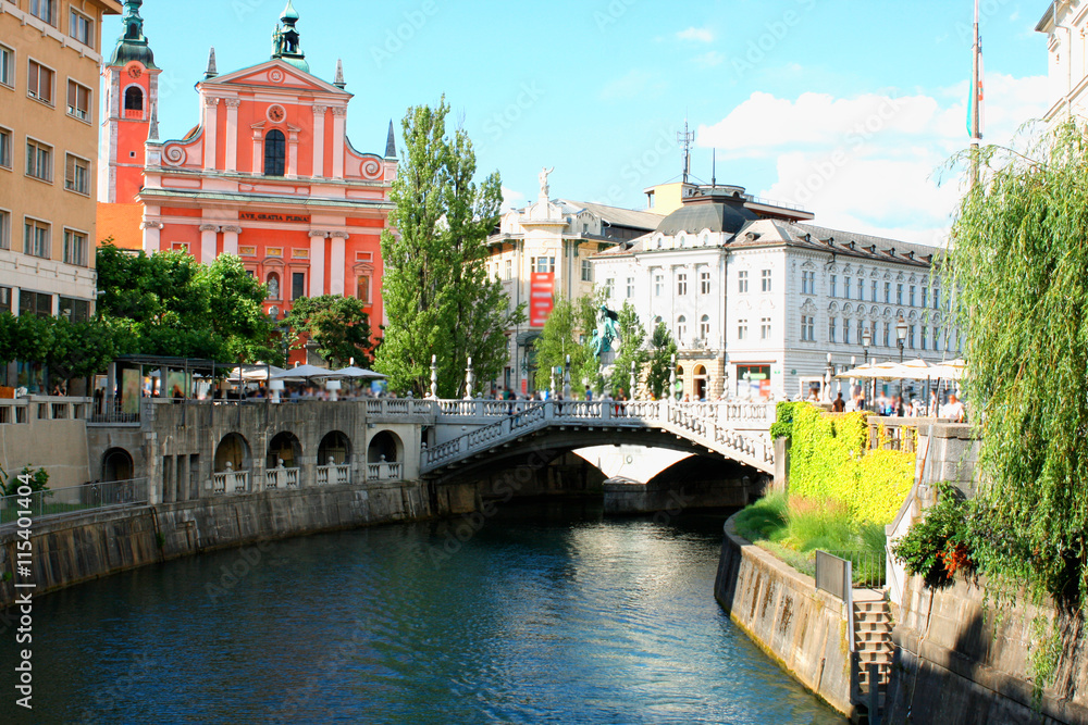 Cityscape of the Slovenian capital Ljubljana over Ljubljanica river.