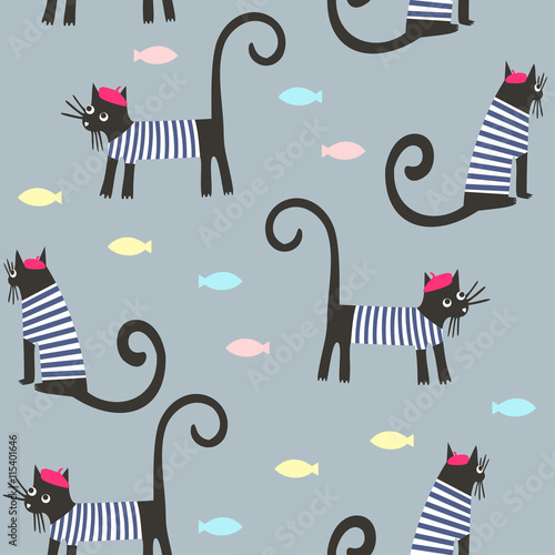 Cute cartoon parisian cats and fish vector background. French style dressed animals seamless pattern. Cute design for print on baby's clothes, textile, decor.