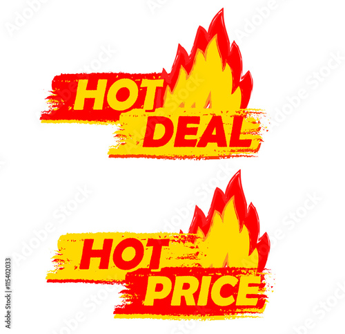 hot deal and price on fire, yellow and red drawn labels with fla