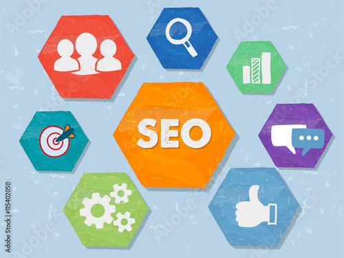 SEO and internet signs in grunge flat design hexagons, vector