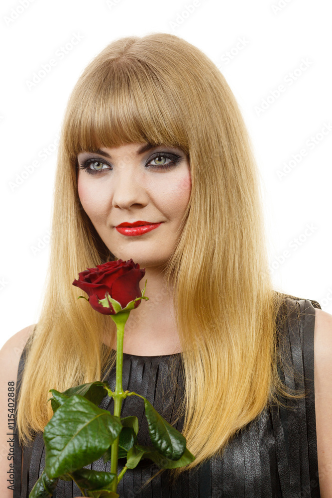 Beautiful young lady with red rose. - obrazy, fototapety, plakaty 