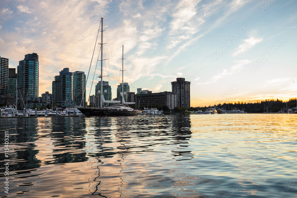 Coal Harbour in Downtown Vancouver, BC, Canada, during a beautiful sunset.