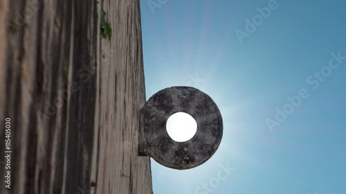 timelapse of chichen itza ballcourt game close up on stone ring zoom out photo