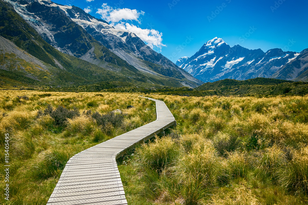 Naklejka premium Mount cook z Hooker Valley, Mt Cook jest najwyższą górą w Nowej Zelandii