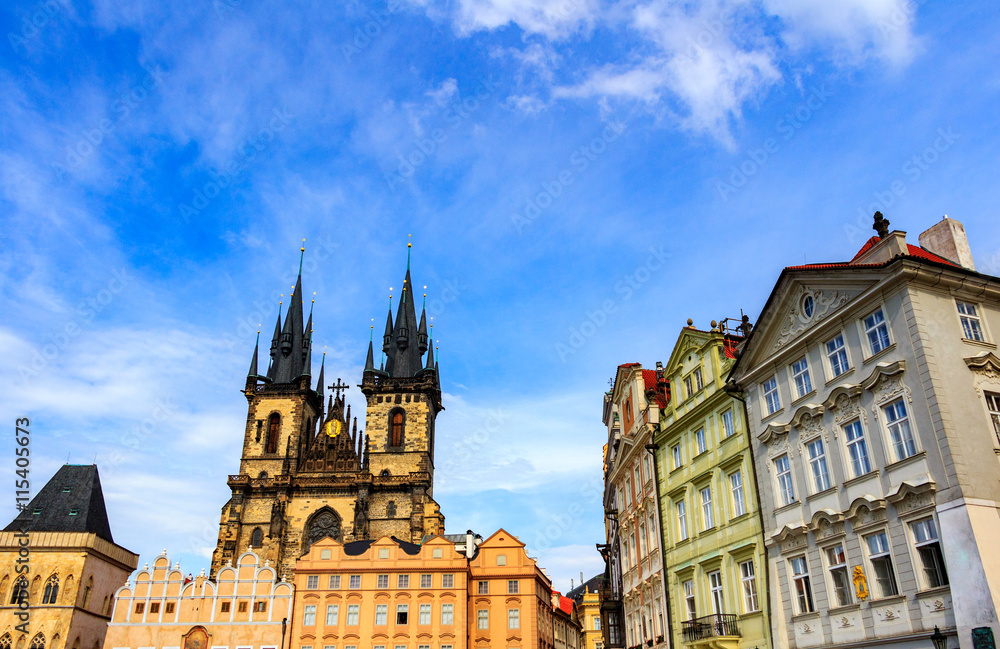 Fototapeta premium Prague, Old Town Hall (15th Century), Town Square and Church of our Lady Tyn (1365), Prague, Czech Republic