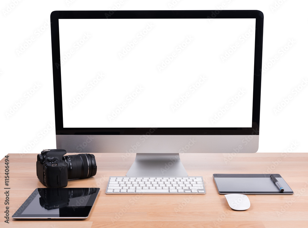 Fototapeta premium DSLR digital camera with tablet and computer PC