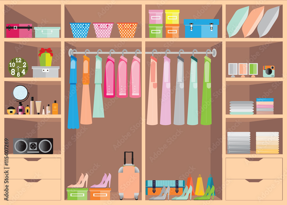 Flat Design walk in closet with shelves. Flat Design walk in closet with shelves.