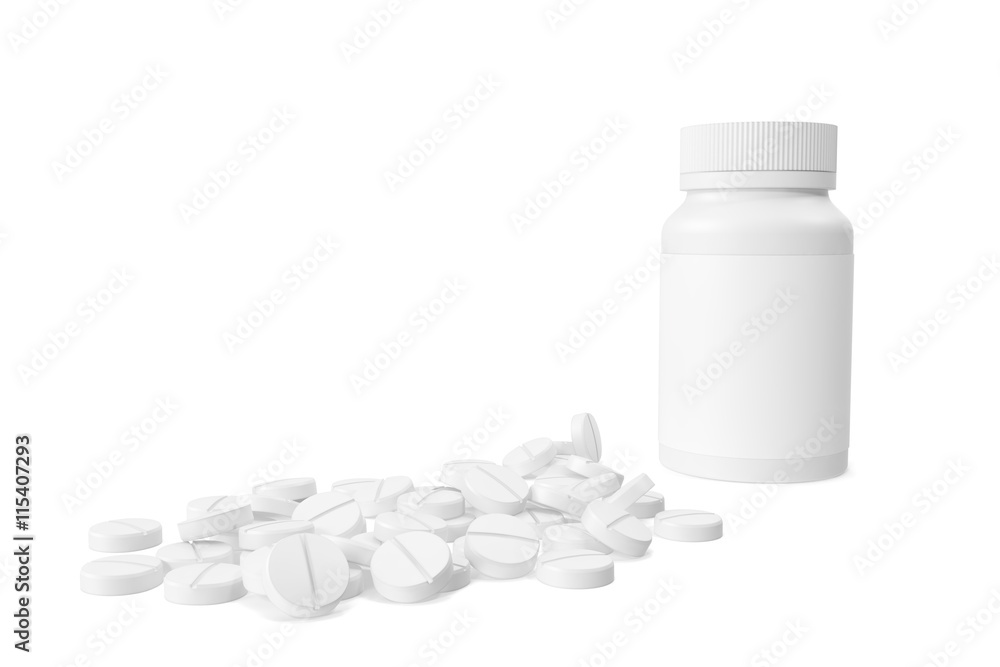 Pills out of pill bottle isolated on white background. 3d illustration Pills out of pill bottle isolated on white background. 3d illustration