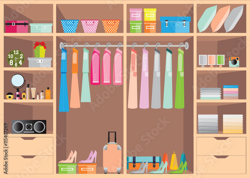 Flat Design walk in closet with shelves.