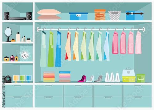 Flat Design walk in closet with shelves.
