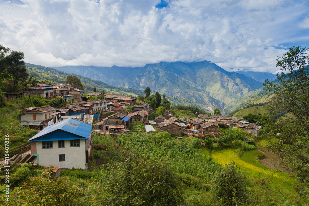 Village with mountain landscape in annapurna area, Nepal.