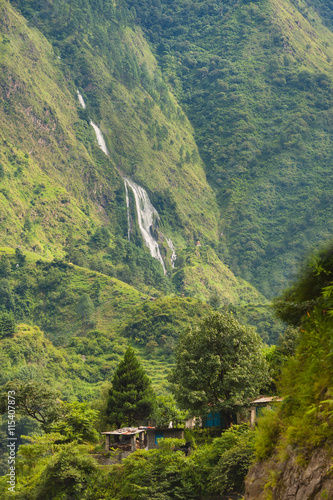 Waterfalls in Annapurna Range Himalaya mountains, Nepal. photo