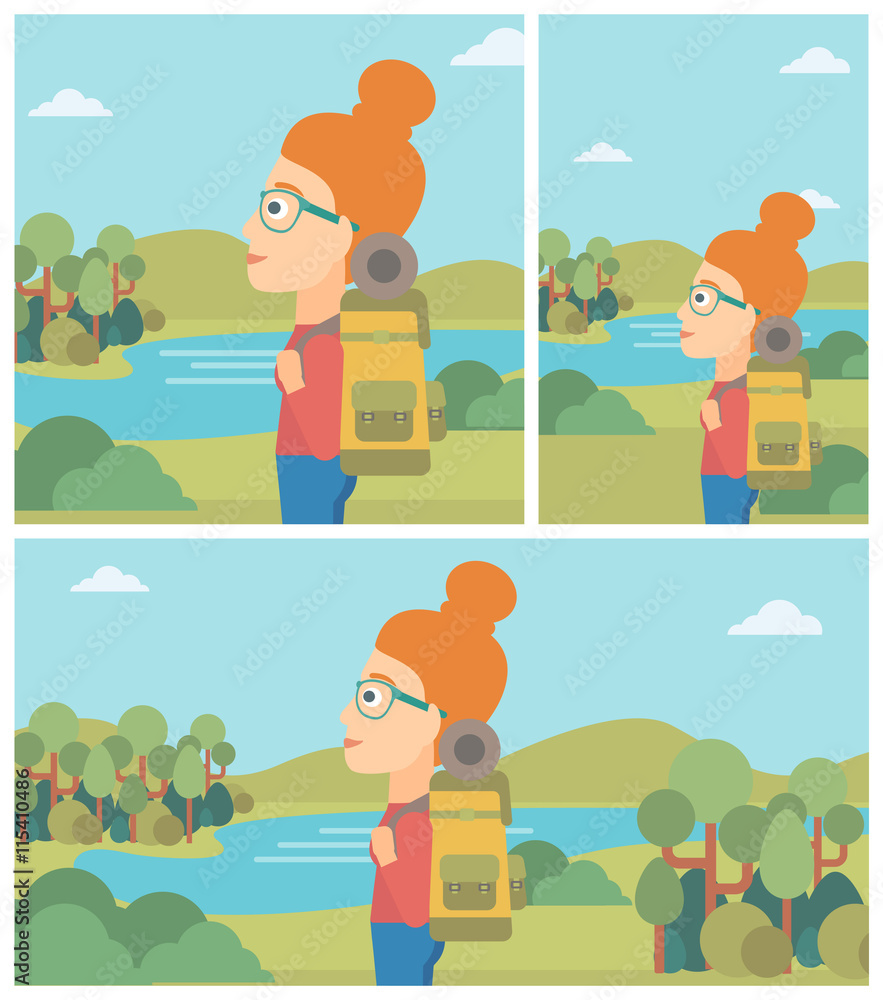 Woman with backpack hiking vector illustration.