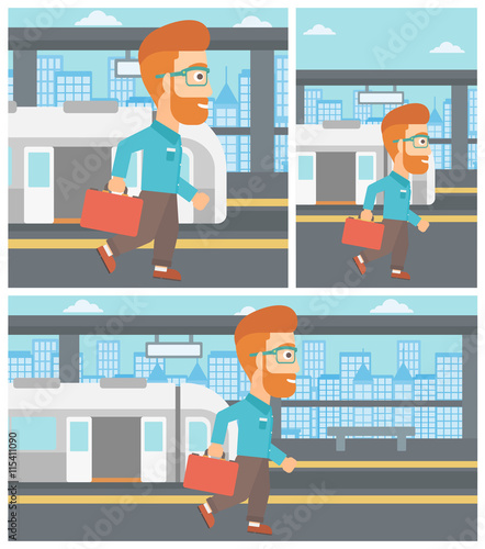 Man at the train station vector illustration.