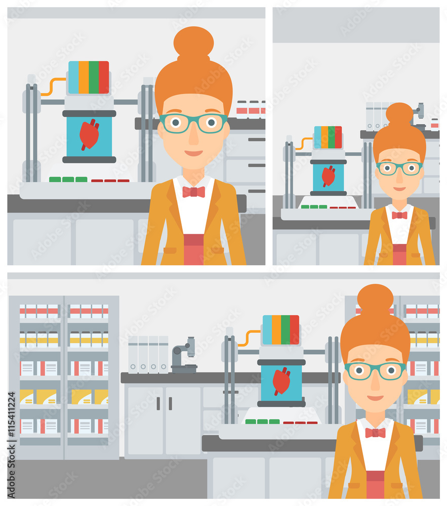 Woman with three D printer vector illustration.