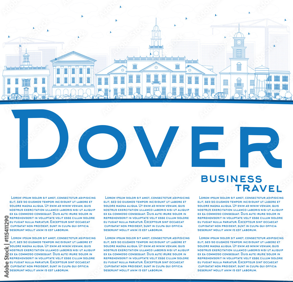 Outline Dover Skyline with Blue Buildings and Copy Space.