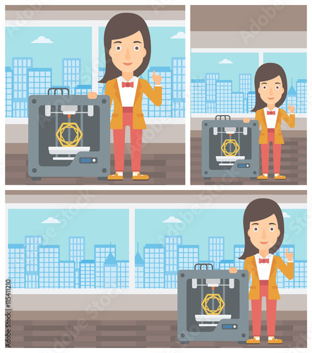 Woman with three D printer vector illustration.