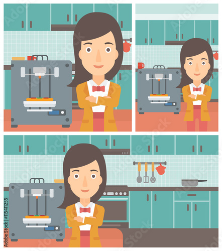 Woman with three D printer vector illustration.