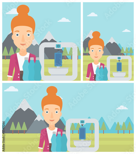 Woman with three D printer vector illustration.