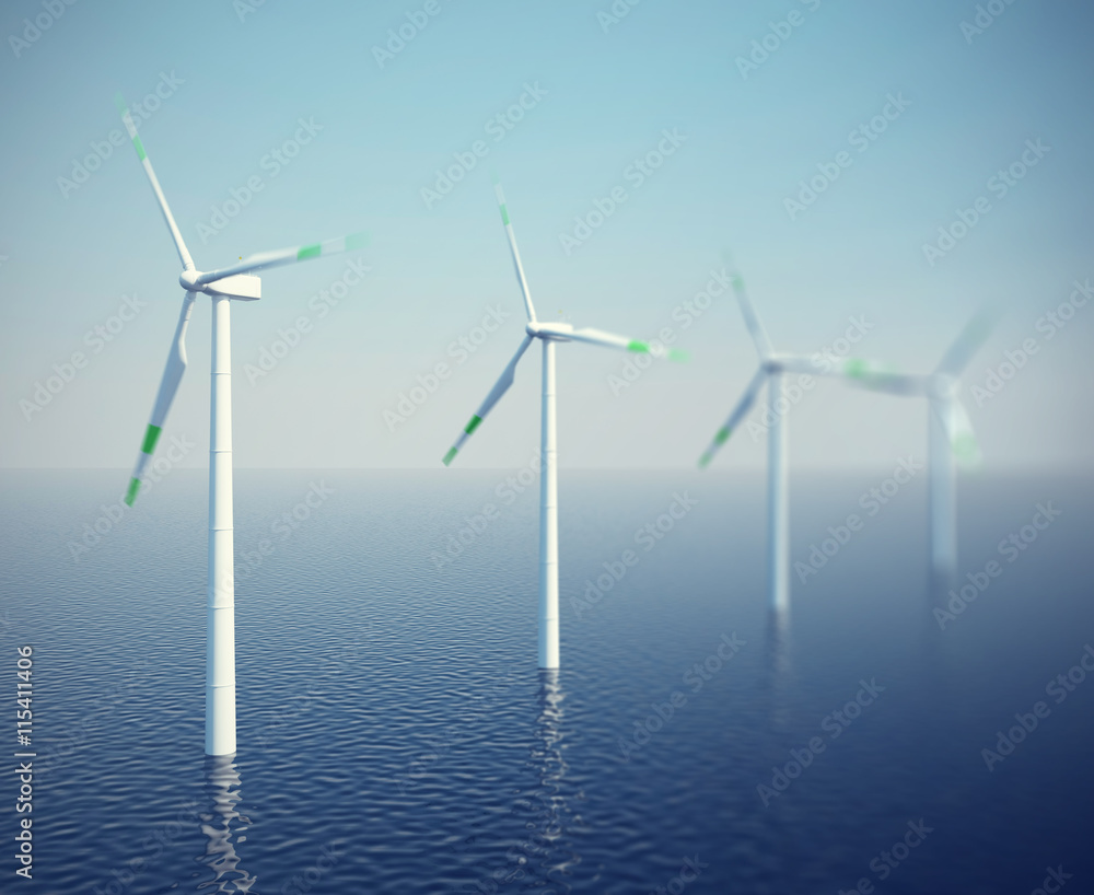 Wind turbines in the ocean. 3d illustration high resolution Wind turbines in the ocean. 3d illustration high resolution