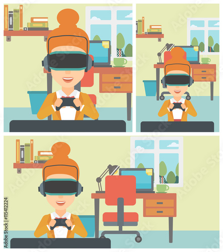 Woman wearing virtual reality headset.
