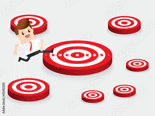 businessman focus on success jumping from small target to large target