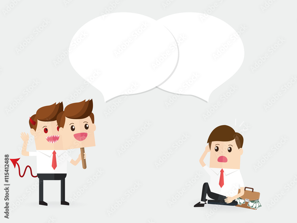 businessman with devil mask recommend partnership for deceive. company take advantage customers businessman with devil mask recommend partnership for deceive. company take advantage customers