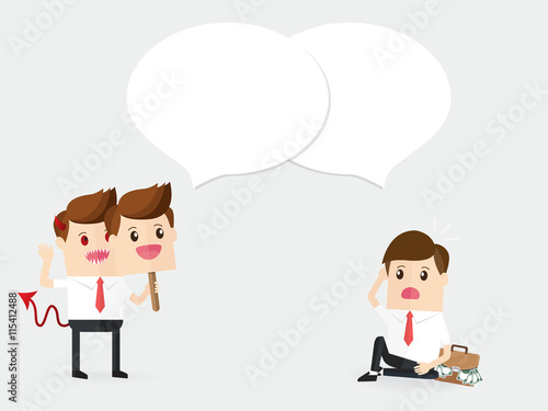businessman with devil mask recommend partnership for deceive. company take advantage customers