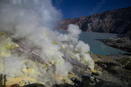 Sulfur mine Inside crater of Ijen volcano, East Java, Indonesia