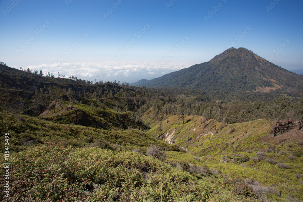 View from the tropical forest with path to the volcano Kawah Ije