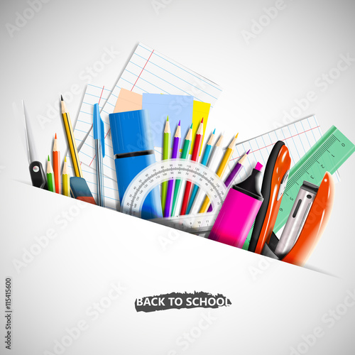 Stationery equipment. Back to school background with blackboard and school supplies.Stationery equipment. Office and school supplies. Vector realistic illustration 