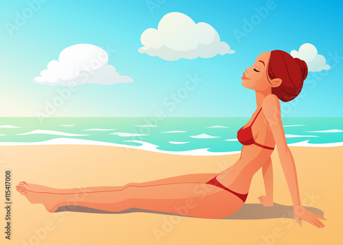 Tanned young woman having a sunbath on the beach. Summer seashore cartoon vector illustration.