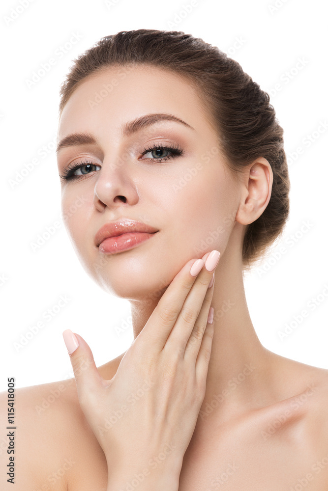 Portrait of young beautiful woman touching her face Portrait of young beautiful woman touching her face