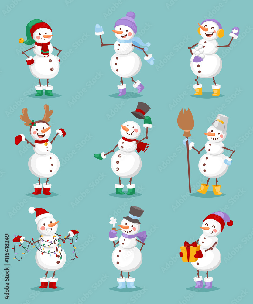 Vector cartoon set of cute white snowman in different clothes with different attributes of Christmas in hands on white background. Color cartoon snowman characters. Vector cartoon snowman set.