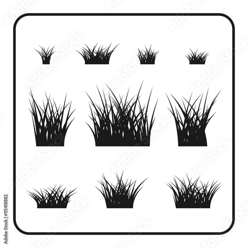 Grass bushes set. Nature plant background. Collection black silhouettes isolated on white. Symbol of field, lawn, spring and meadow, fresh, summer. Elements for design environment. Vector illustration