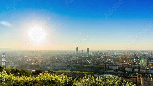 LYON, FRANCE, JULY 9, 2016 : Timelapse sunrise. From Basilique Notre Dame de Fourvière to the city view, the mountain near Lyon.